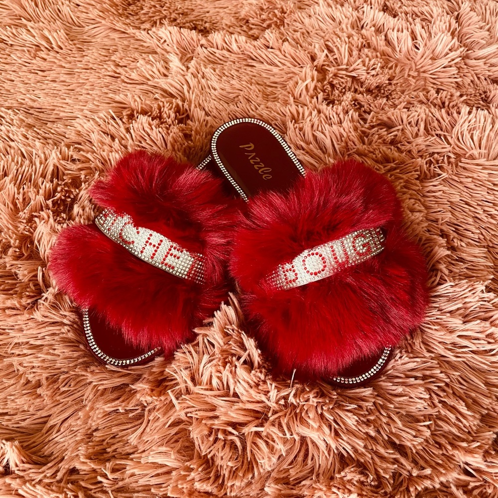 Women’s Fur Fluffy Rhinestone Slides Logo Flip Flops Sandals